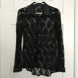 QED London Lace Goth Button Up Long Sleeve Blouse M Faux Leather Collar Rose